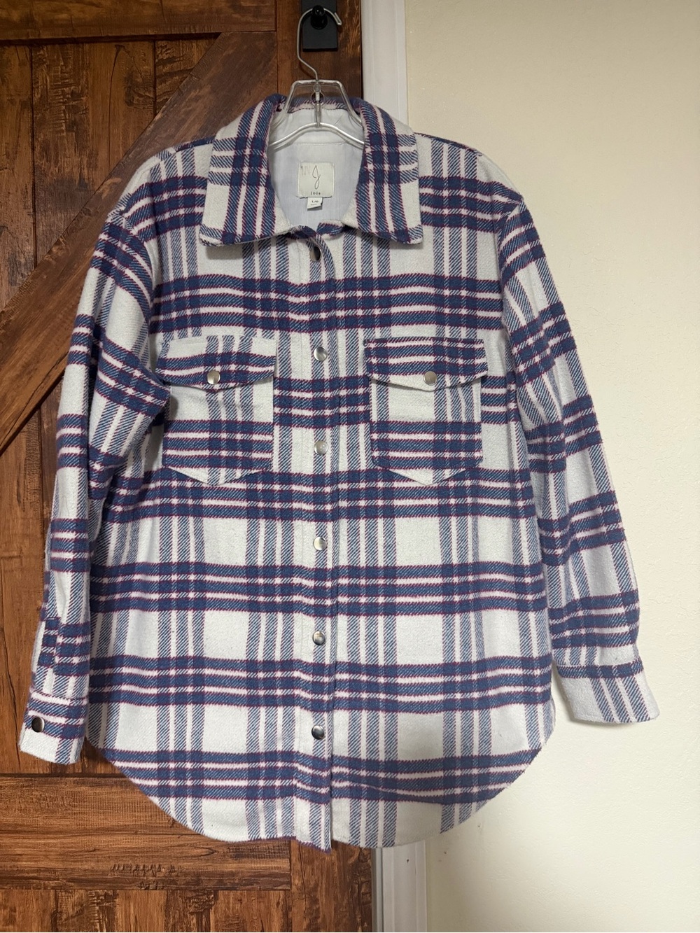 Joie Cozy Plaid Shacket in White and Navy - Women's Snap button Wool Blend Large